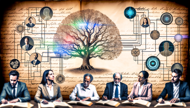 alt_text: A captivating book cover blending genealogy and AI, featuring a family tree and diverse researchers.